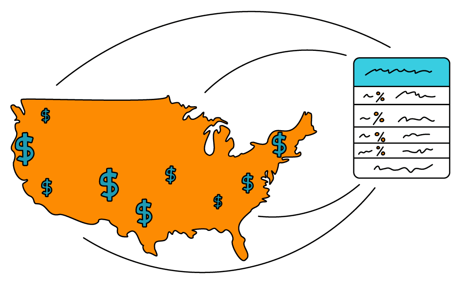 United states map next to data icon